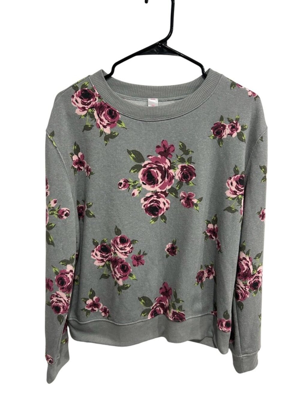 No Boundaries Womens Grey Floral Pullover Sweatshirt Size M SoftGirl Cozycore